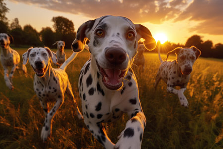 Adorable Dalmatian dogs running in the field at sunset.の素材