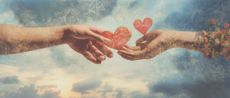 Valentine's day greeting card. Hands of man and woman with red heart on sky background.の素材