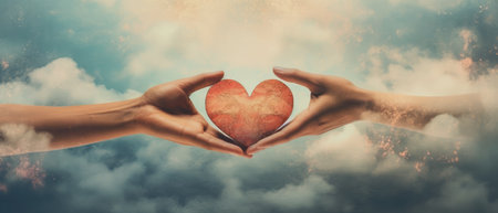 Hands holding heart shape over cloudy sky background. Valentine's day conceptの素材