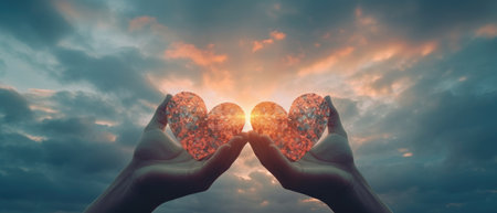 Hands holding a heart shape against sunset sky with clouds 3dの素材