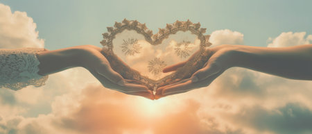 Hands holding a heart shape with snowflakes on blue sky backgroundの素材