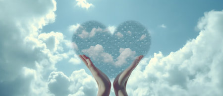 Hands holding heart shaped cloud against blue sky with white clouds 3dの素材