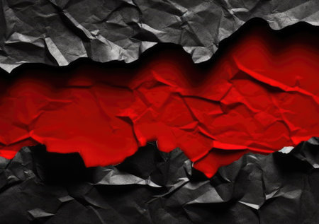 Black crumpled paper with red and black background, closeupの素材