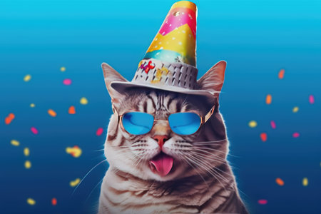 Funny cat in party hat and sunglasses with confetti on blue backgroundの素材