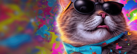Funny cat with sunglasses and bow tie on a colorful background.の素材