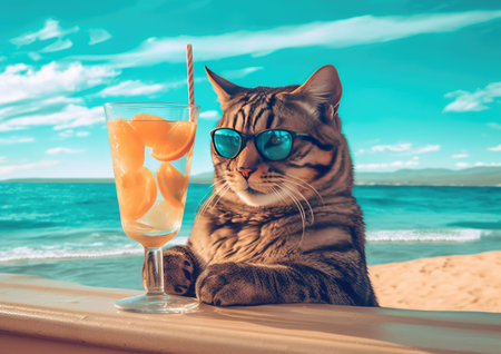 The beige cat in sunglasses and a cocktail on the beach.の素材
