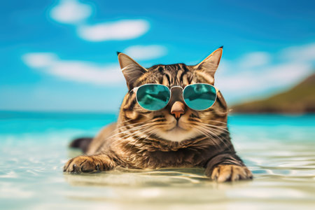 Cute cat with sunglasses lying on the sand in the sea.の素材
