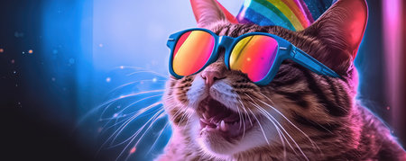 Funny cat with party glasses and rainbow colors bokeh background.の素材