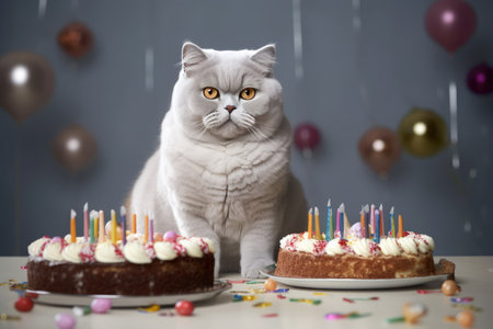 Cute cat with birthday cake and candles on table, closeupの素材