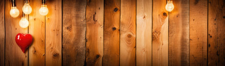 Valentines day background with light bulbs and red heart on wooden planksの素材