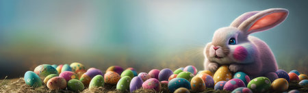 Easter bunny with colorful eggs on hay - panoramic bannerの素材