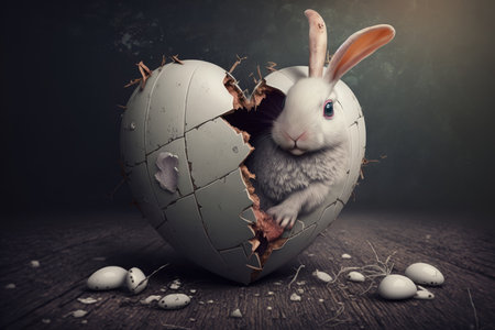 Easter bunny in a broken egg shell on a wooden background.の素材