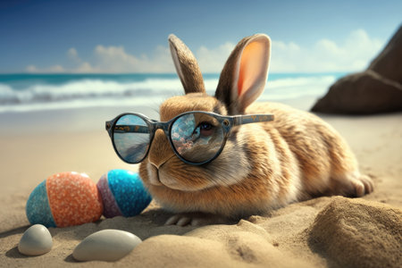Cute rabbit wearing sunglasses on the beach. 3d illustration.の素材