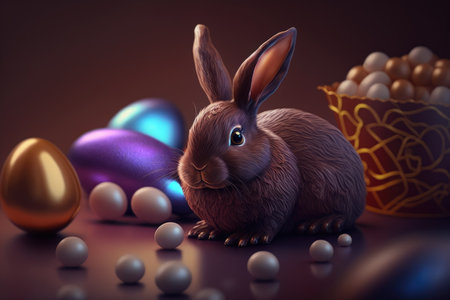 Easter bunny and easter eggs on brown background. 3d renderingの素材