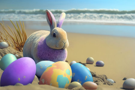 Easter bunny with colorful eggs on the beach. 3d renderの素材