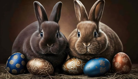 Easter bunnies and easter eggs on brown background.の素材