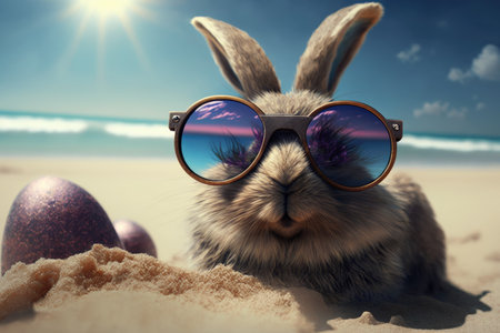 Easter bunny with sunglasses and dyed eggs on the sandy beach.の素材