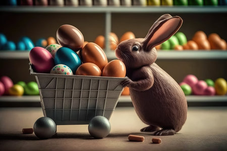 Easter bunny with shopping cart full of colorful eggs in the supermarketの素材