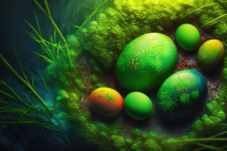 3D illustration of colorful easter eggs over green background with grassの素材