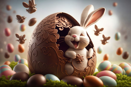 Easter bunny and chocolate egg on green grass. 3d illustrationの素材