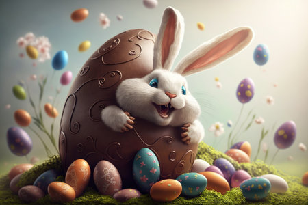 Easter bunny with chocolate egg on green grass. 3d illustrationの素材