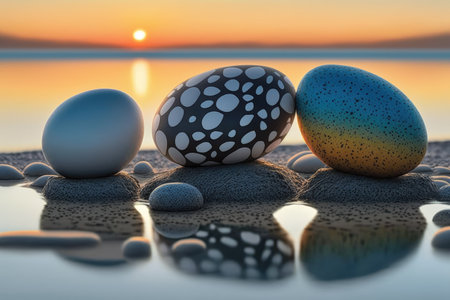 Easter eggs on the beach with reflection. 3D illustration.の素材