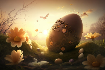 Easter egg on grass with flowers and butterflies, 3d renderの素材