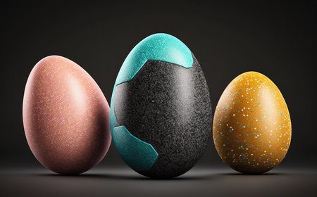 Colorful easter eggs on black background. 3D illustration.の素材