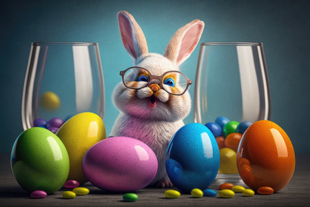 Easter bunny with colorful eggs and glasses on blue background. 3d renderingの素材
