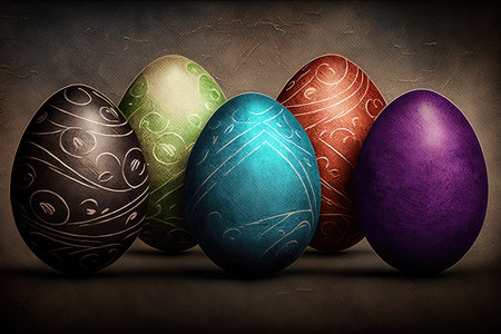 Colorful easter eggs on grunge background, 3D illustrationの素材