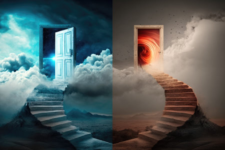 Conceptual image with steps leading to open door in the cloudsの素材