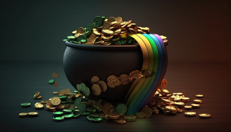 Pot of gold coins and rainbow on dark background. 3d illustrationの素材