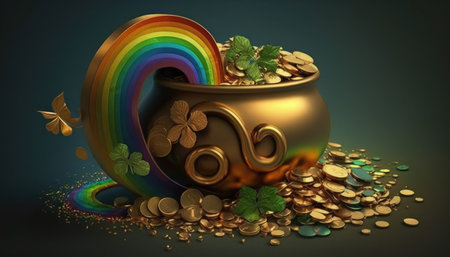 3d illustration of pot with gold coins and rainbow over dark backgroundの素材
