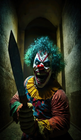 Portrait of a scary clown with a knife in a dark roomの素材