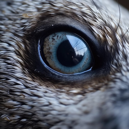 closeup of the eye of a gray cat with blue eyes.の素材