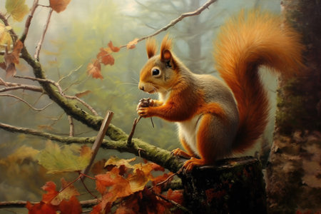 Squirrel in autumn forest. Photo in old color image style.の素材