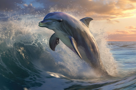 Dolphin jumping out of the ocean at sunset. 3d renderの素材