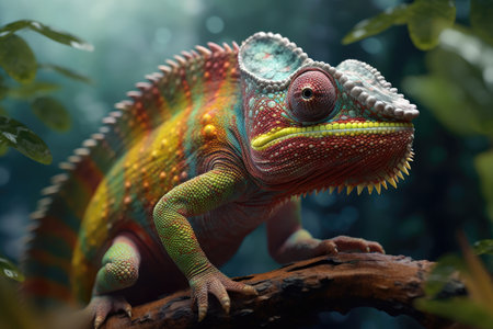 Colorful chameleon on a branch in the forest. close-upの素材