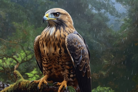 Closeup of a golden eagle sitting on a branch in the rainの素材