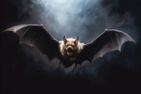 Bat flying in the dark with smoke and fog. Halloween concept.の素材