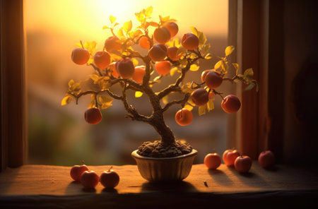 Bonsai tree with red apples on the windowsill at sunsetの素材