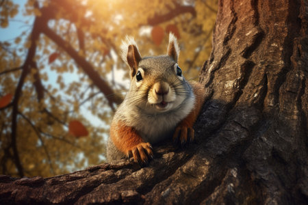 Squirrel sitting on a tree in the autumn park. Nature background.の素材