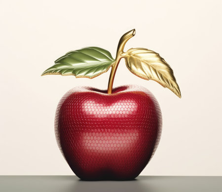 Red apple with gold leaf on white background. 3D illustration.の素材