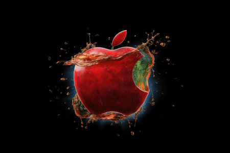 Red apple in water splash isolated on black background. 3d illustrationの素材