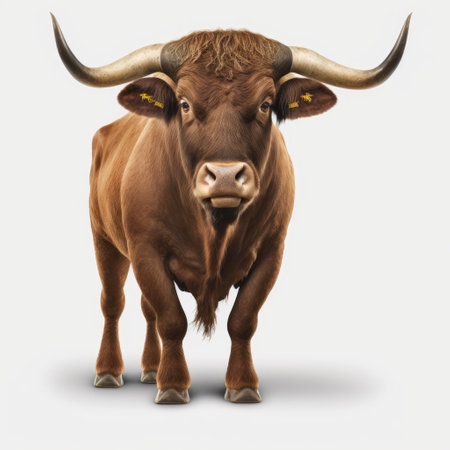 Portrait of a brown bull with big horns on a white backgroundの素材
