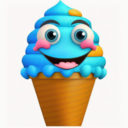 Blue ice cream with funny face and waffle cone on white backgroundの素材