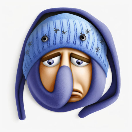 Illustration of a sad man wearing a blue knitted hat.の素材