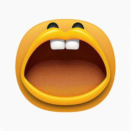 3d illustration of yellow emoticon with eyes and mouth on white backgroundの素材