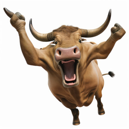 3D rendering of a brown cow with big horns isolated on white backgroundの素材