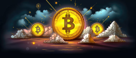 Bitcoin on the background of the night sky and clouds. Vector illustration.の素材
